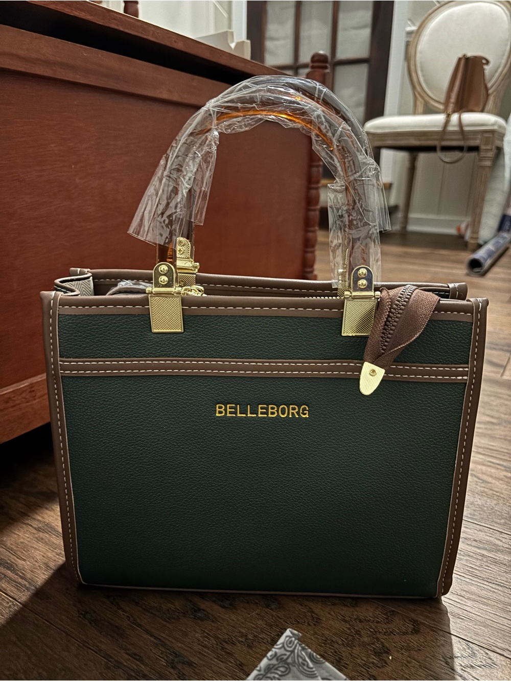 Belleborg Green and Brown Structured Tote Bag